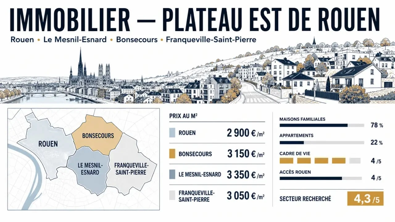 Immobilier plateau est rouen : comparaison visuelle des communes, prix au m² et types de biens