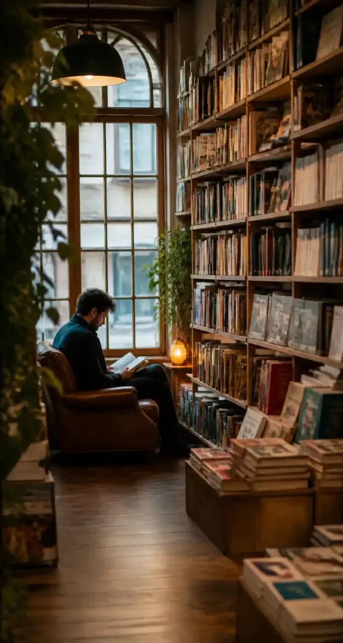 Coin lecture dans une librairie indépendante à Rouen, ambiance chaleureuse