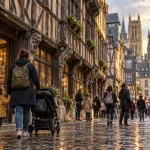 Activités rouen en famille gratuit : parent et enfant devant maisons à colombages à Rouen