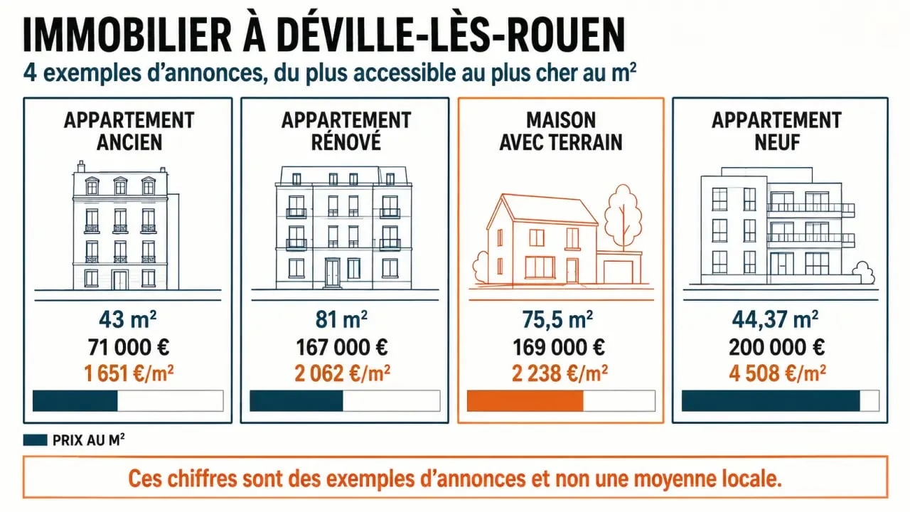 Immobilier Déville-lès-Rouen : comparaison de prix au mètre carré entre appartements, maison et neuf