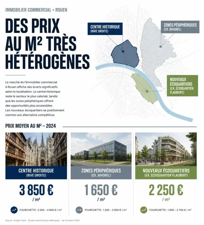 Graphique comparatif des prix de l'immobilier commercial à Rouen par quartier