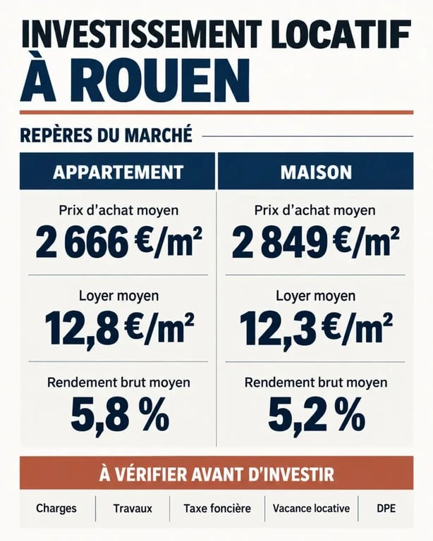 Infographie sur l'investissement locatif à Rouen : prix, loyers et rendements des appartements et maisons