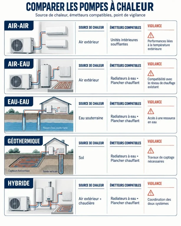 Infographie comparative des pompes à chaleur à Rouen : air-air, air-eau, eau-eau, géothermique et hybride