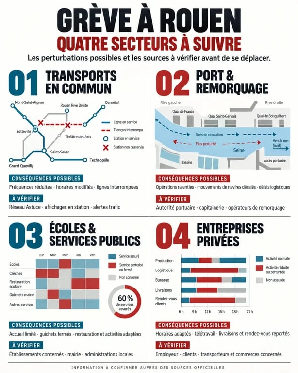 Infographie sur la grève à Rouen et les secteurs de transport, port et services publics impactés